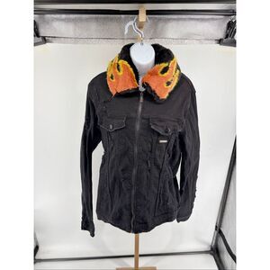 PREME Mens Flame Collection Faux Fur Collar Distressed Black Denim Jacket Size L